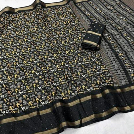 Black Warli Printed Georgette Saree