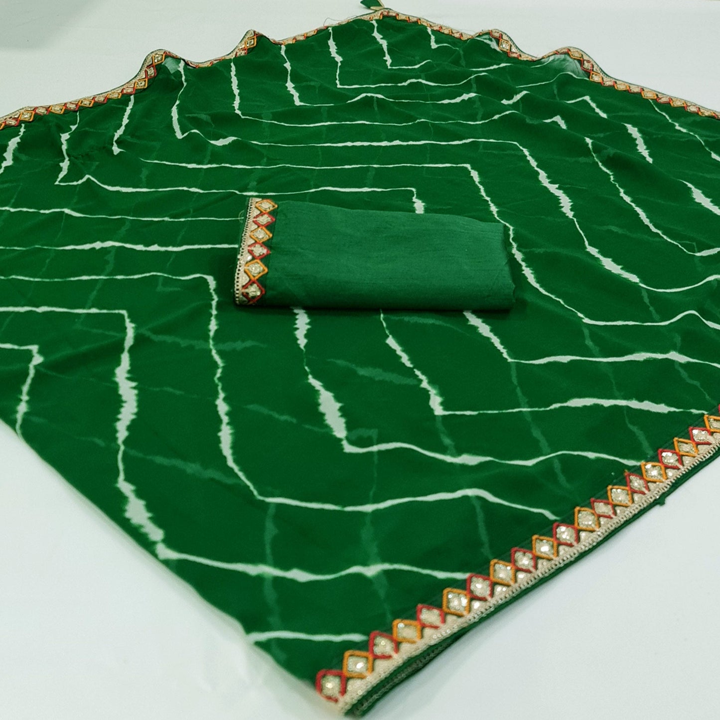 Green Leheriya Printed Georgette Saree With Sequins Border