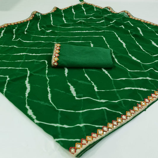 Green Leheriya Printed Georgette Saree With Sequins Border