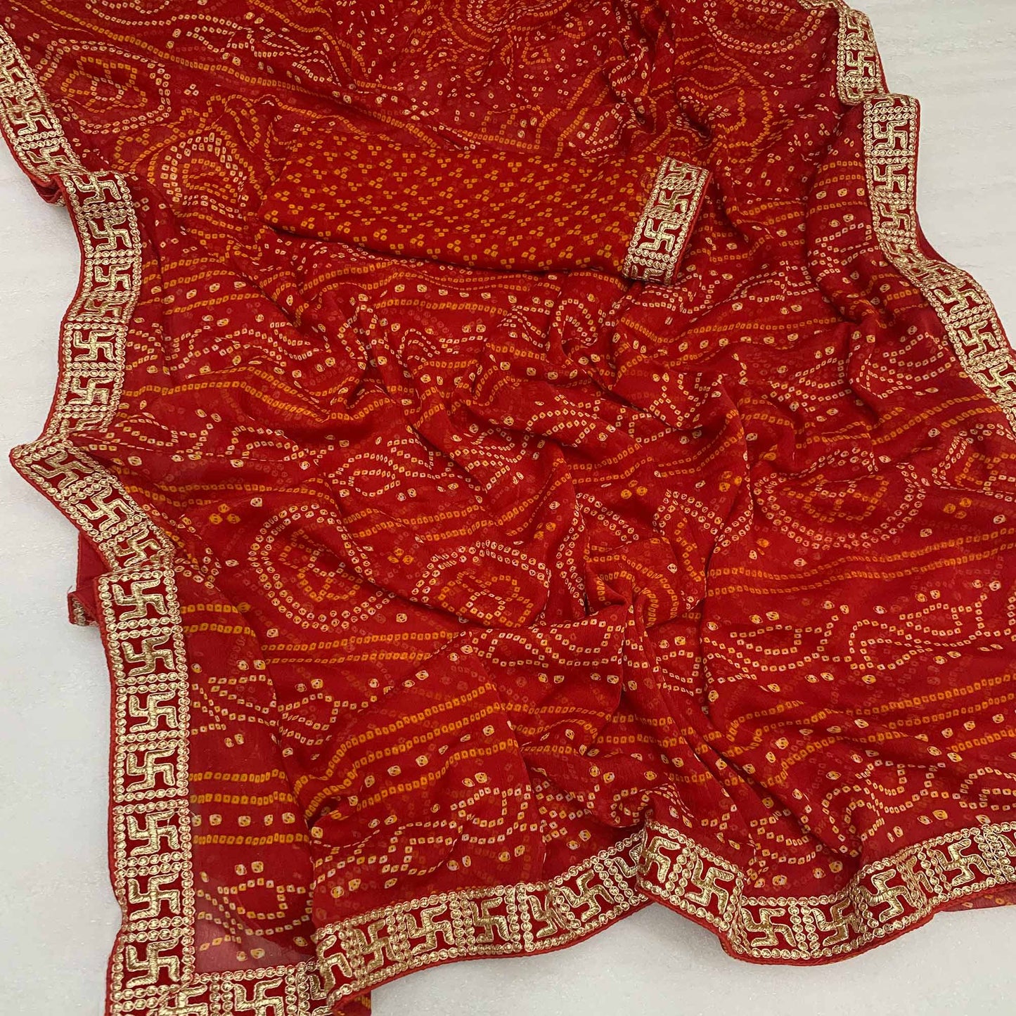 Red Bandhani Printed With Embroidered Border Chiffon Saree