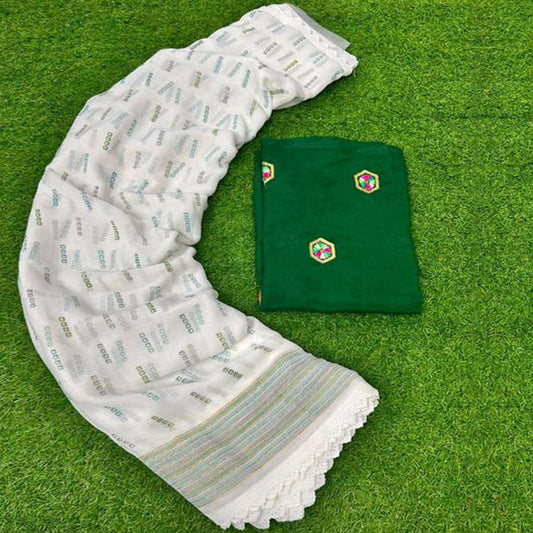 White & Green Printed Georgette Saree