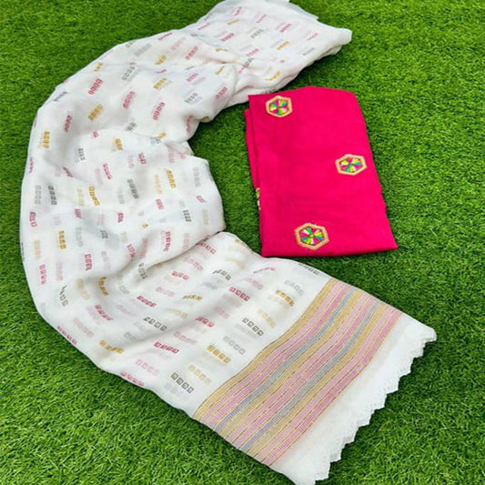 White & Pink Printed Georgette Saree