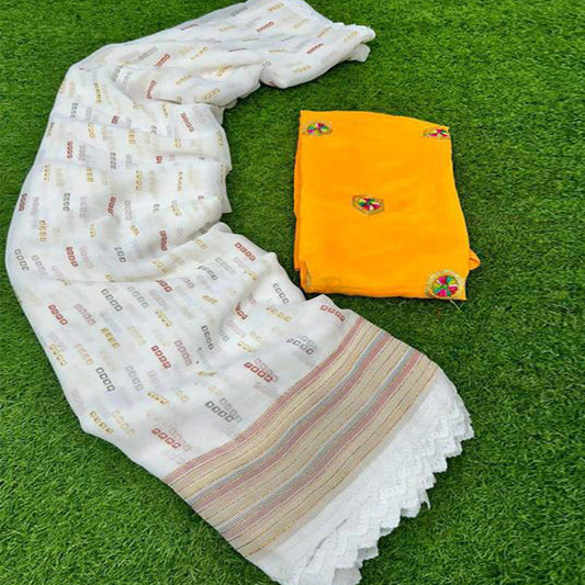 White & Yellow Printed Georgette Saree