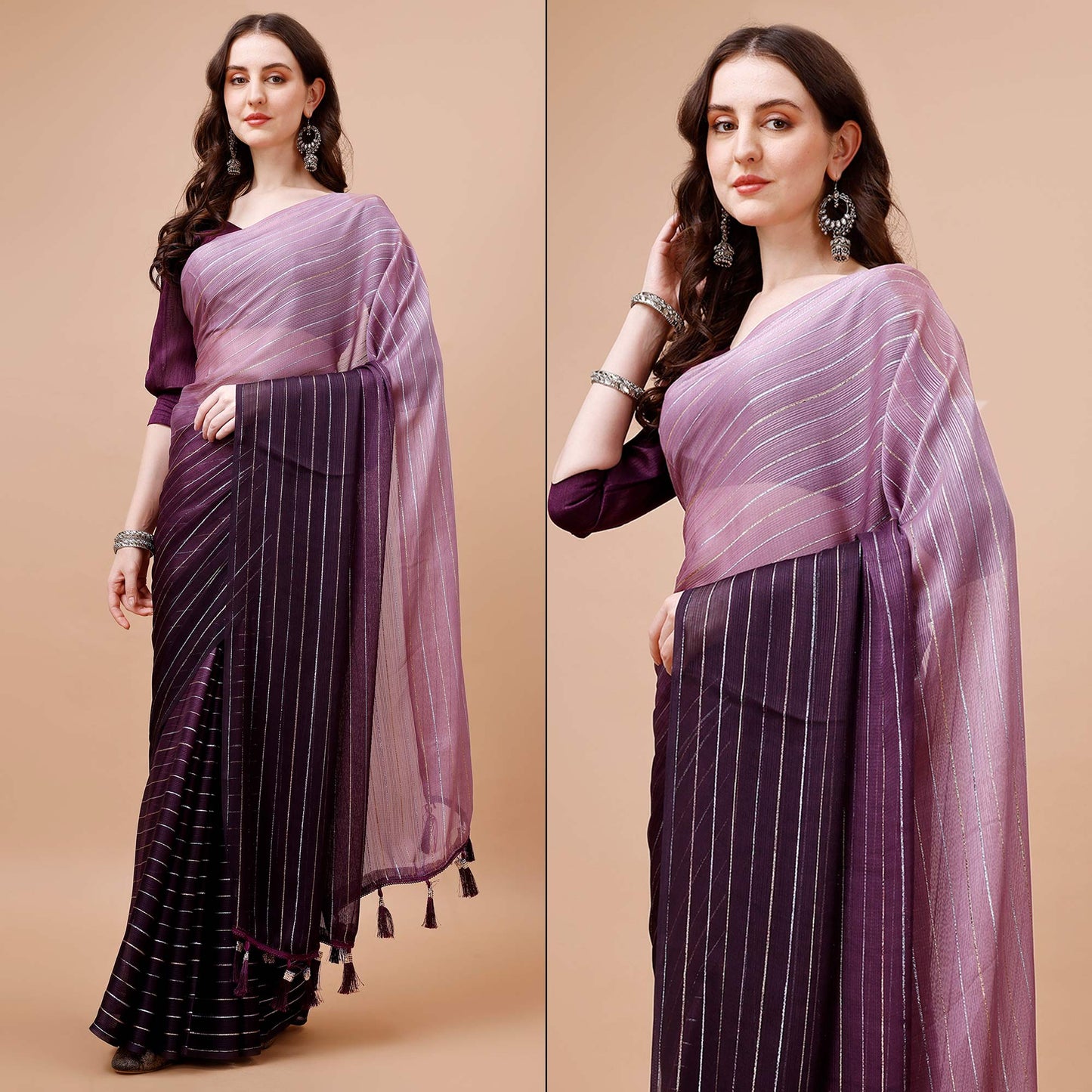 Wine Zari Woven Chiffon Saree