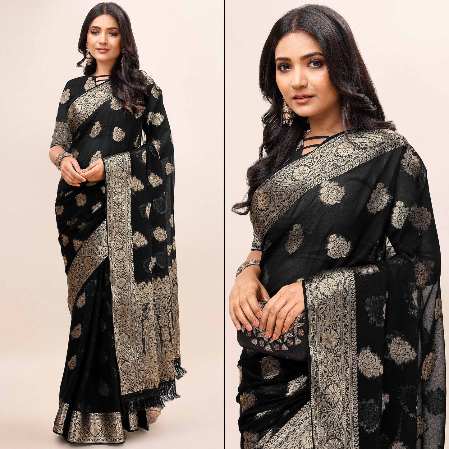 Black Woven Chiffon Saree With Tassels