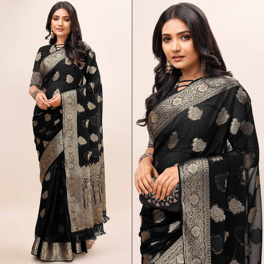 Black Woven Chiffon Saree With Tassels