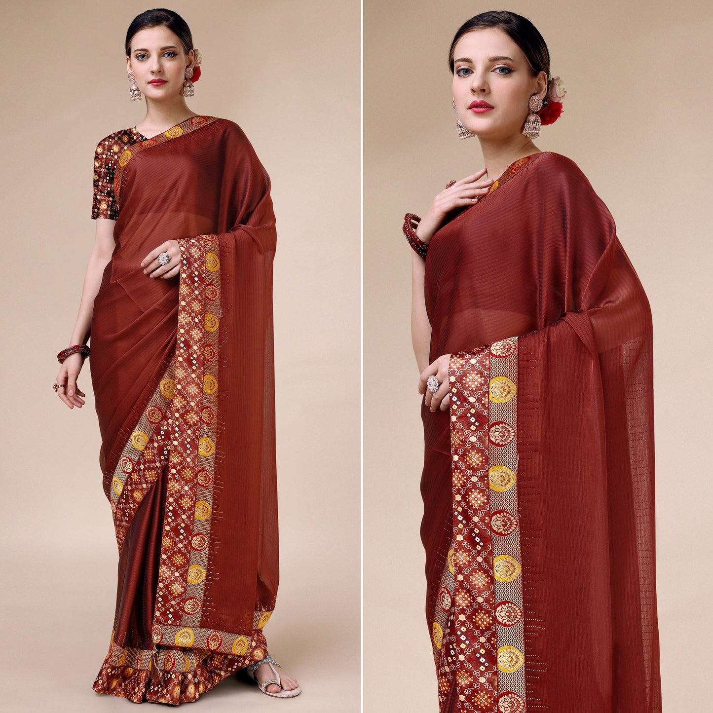 Rust Swarovski With Bandhani Printed Border Art Silk Saree