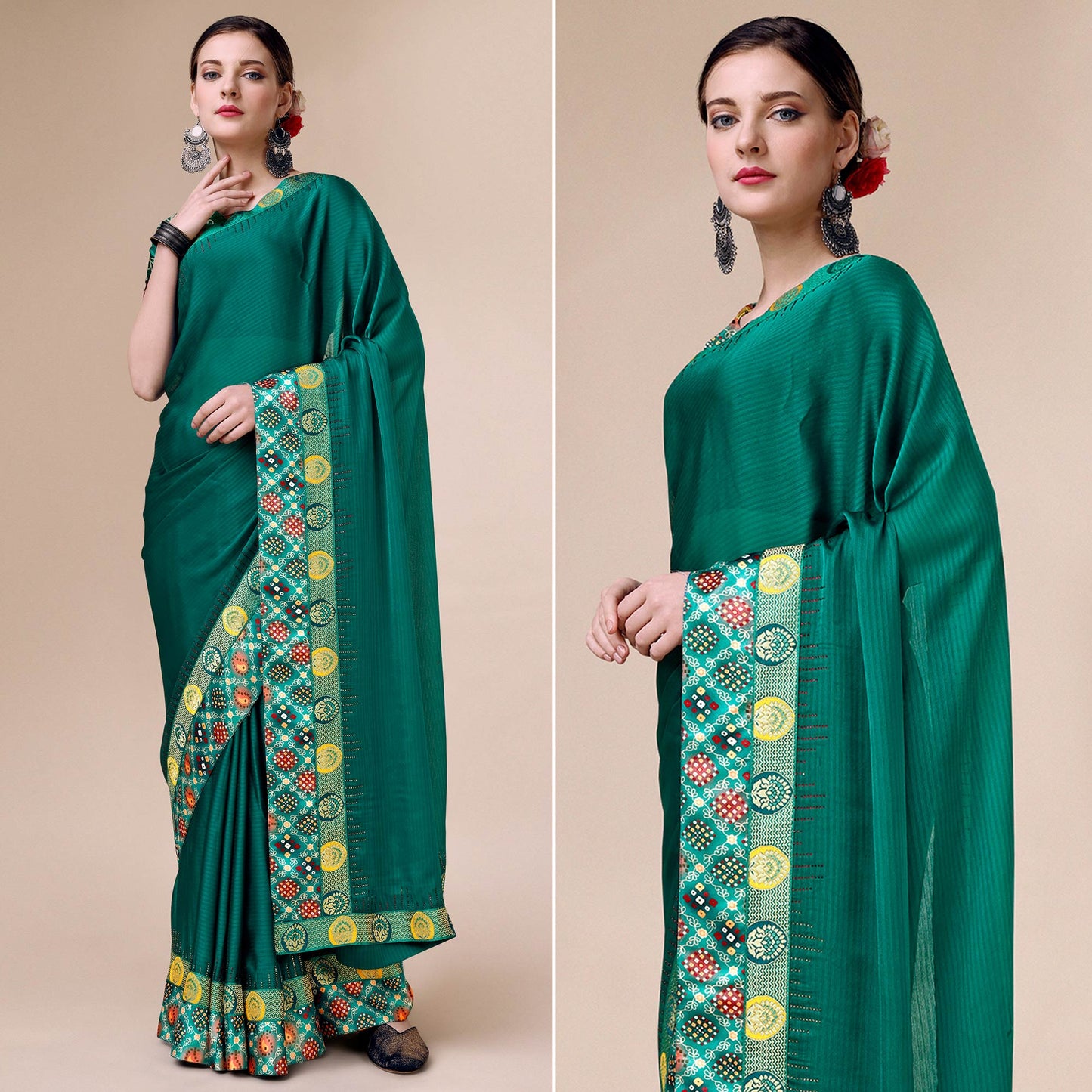 Rama Green Swarovski With Bandhani Printed Border Art Silk Saree