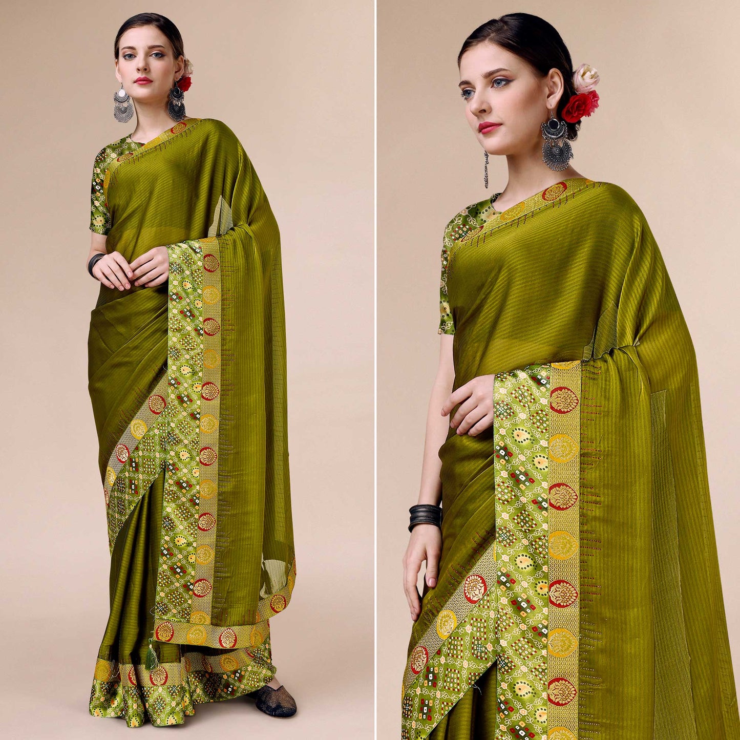 Mehendi Green Swarovski With Bandhani Printed Border Art Silk Saree