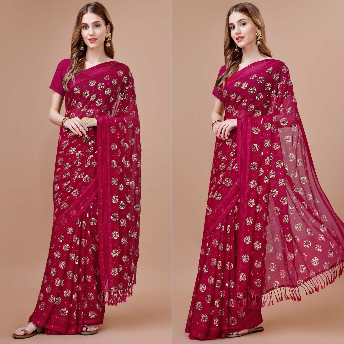 Magenta Foil Printed Chiffon Saree With Tassels