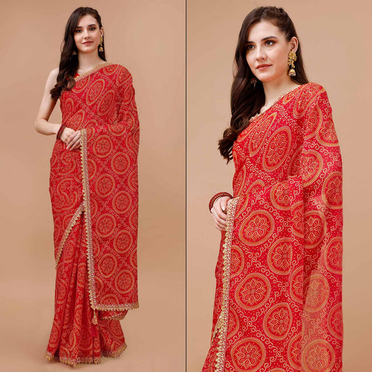 Red Bandhani Printed Chiffon Saree