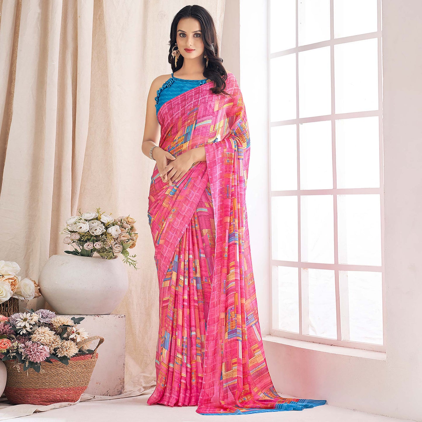 Pink Geometric Printed Chiffon Saree