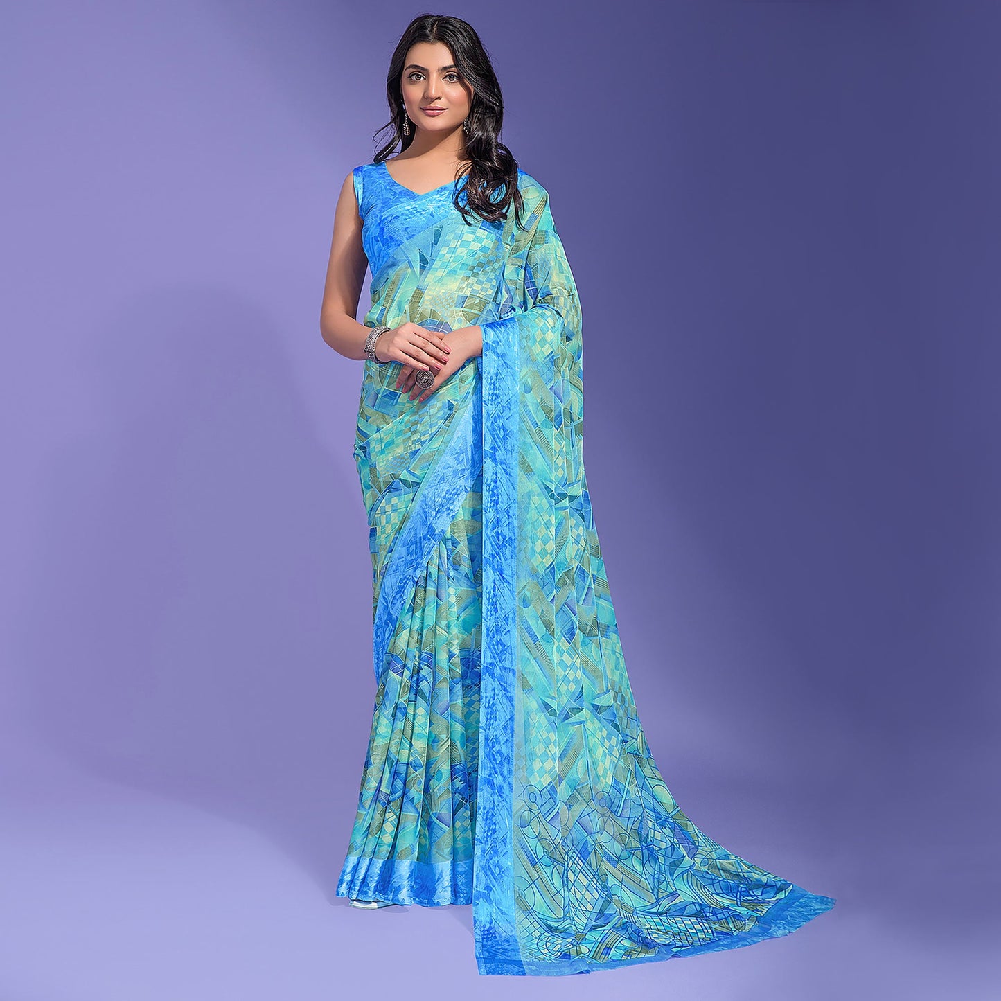 Blue Geometric Printed Chiffon Saree