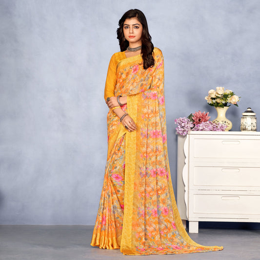 Mustard Floral Digital Printed Chiffon Saree