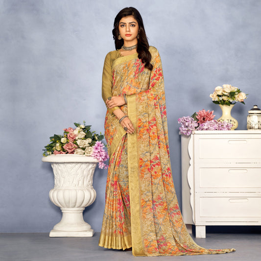 Chikoo Floral Digital Printed Chiffon Saree