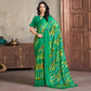 Green Printed Chiffon Saree With Woven Border