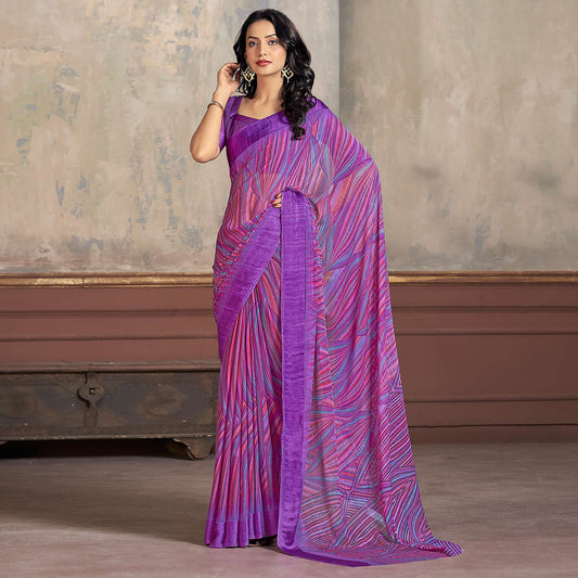 Purple Printed Chiffon Saree With Woven Border