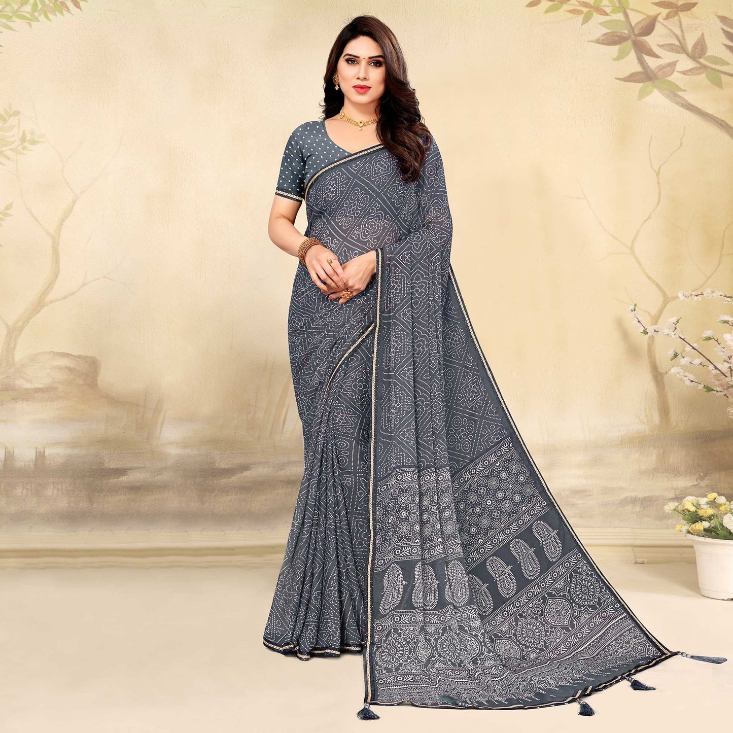 Grey Bandhani Printed Chiffon Saree