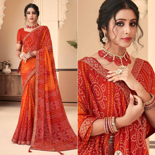 Red & Orange Bandhani Printed Chiffon Saree With Lace Border