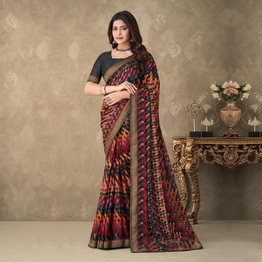 Black Digital Printed Chiffon Saree With Lace Border