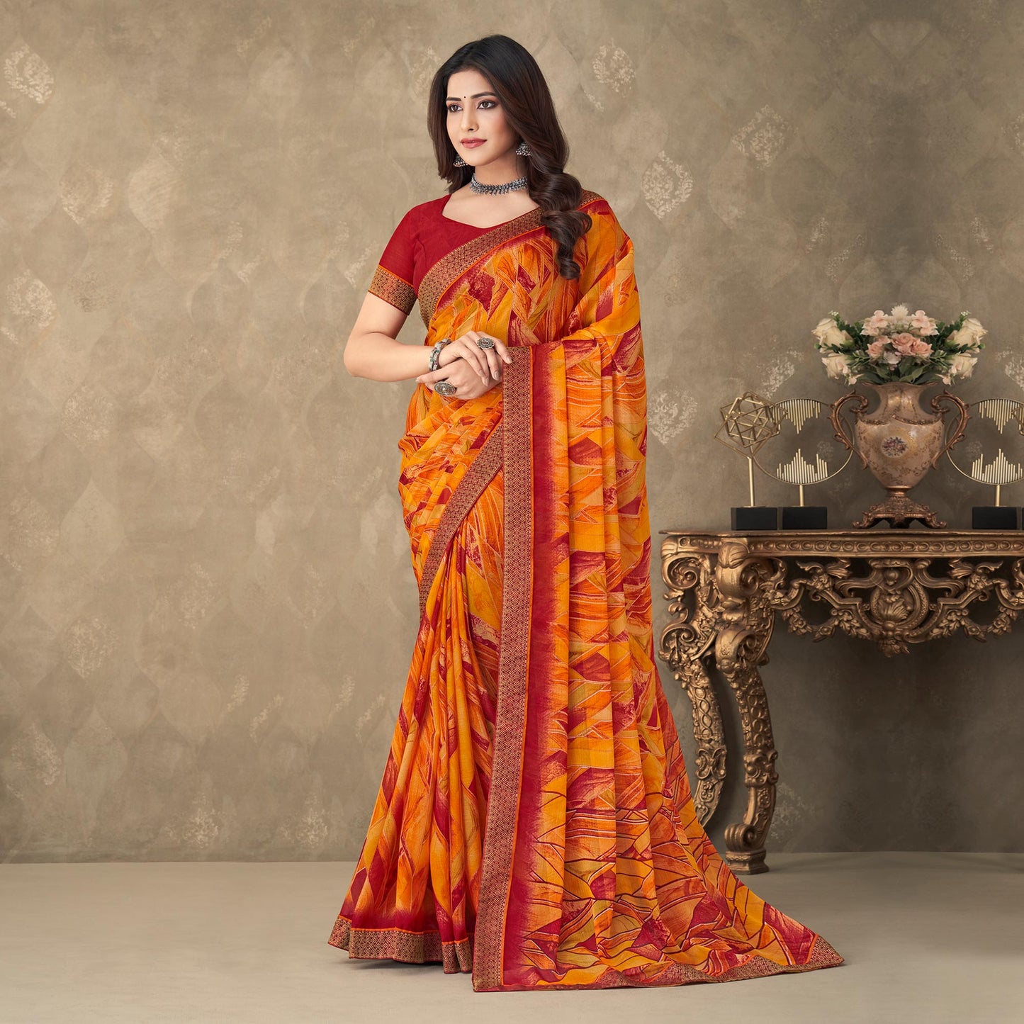 Orange Digital Printed Chiffon Saree With Lace Border