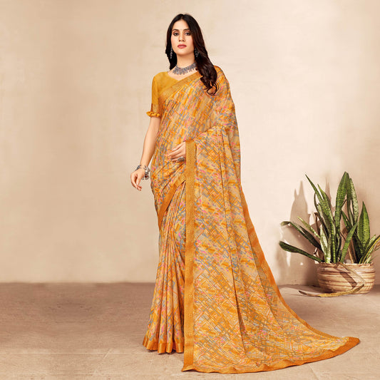 Mustard Printed Chiffon Saree With Lace Border