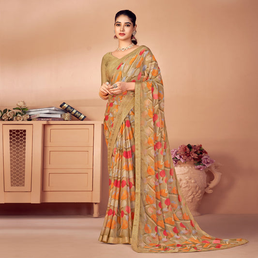 Chikoo Printed Chiffon Saree With Lace Border