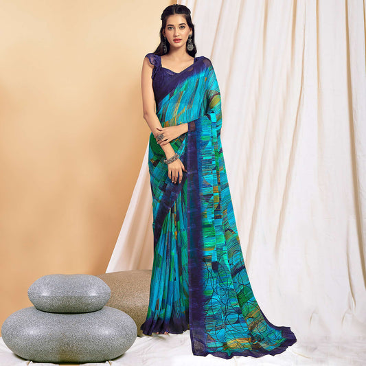 Blue Printed Chiffon Saree