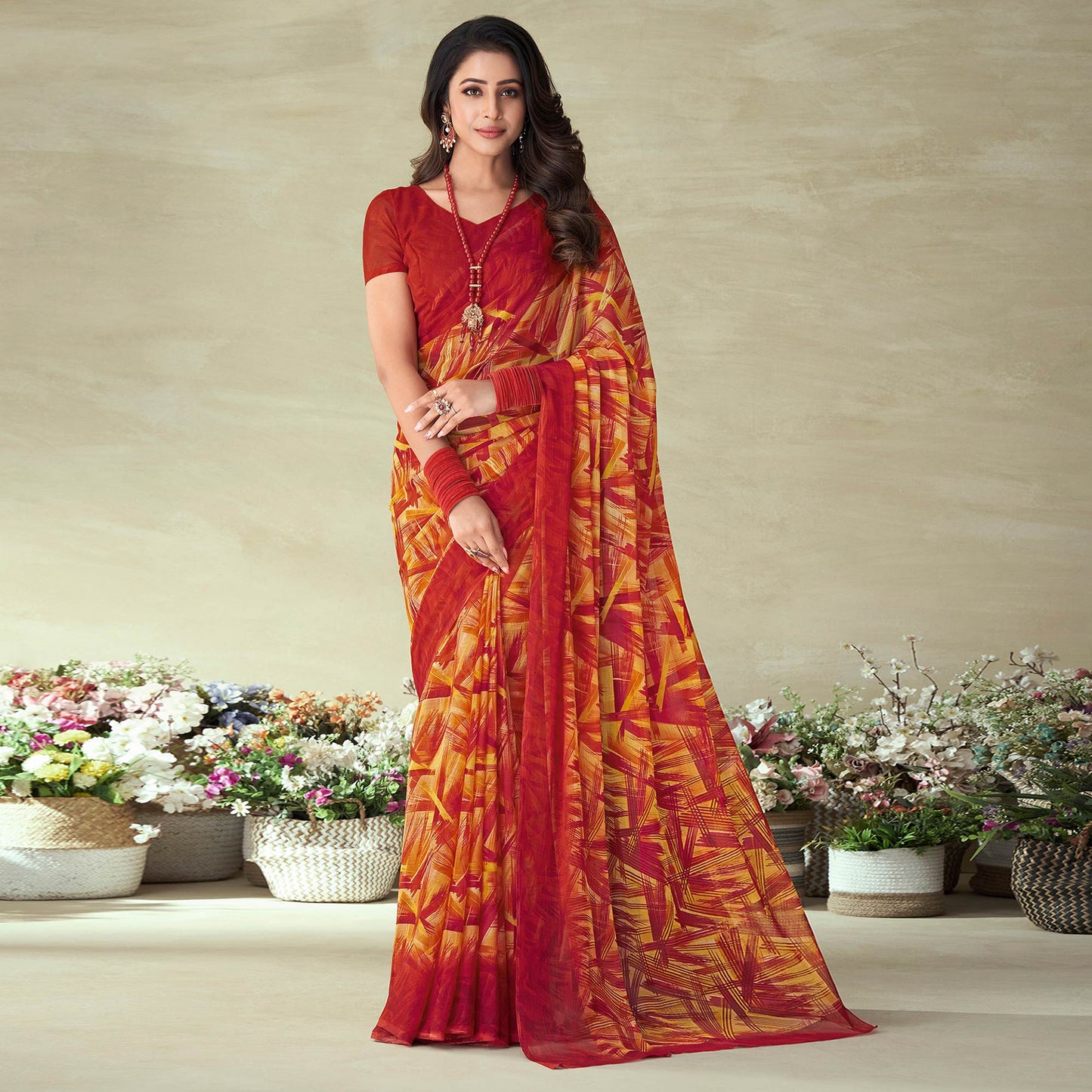 Red Abstract Printed Chiffon Saree