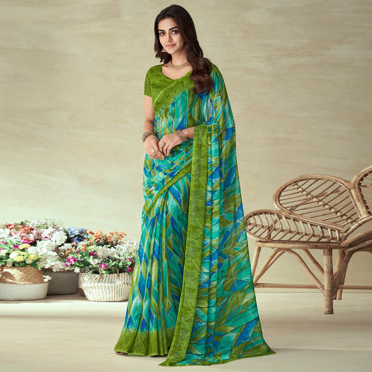 Green Abstract Printed Chiffon Saree