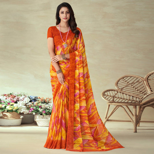 Orange Abstract Printed Chiffon Saree