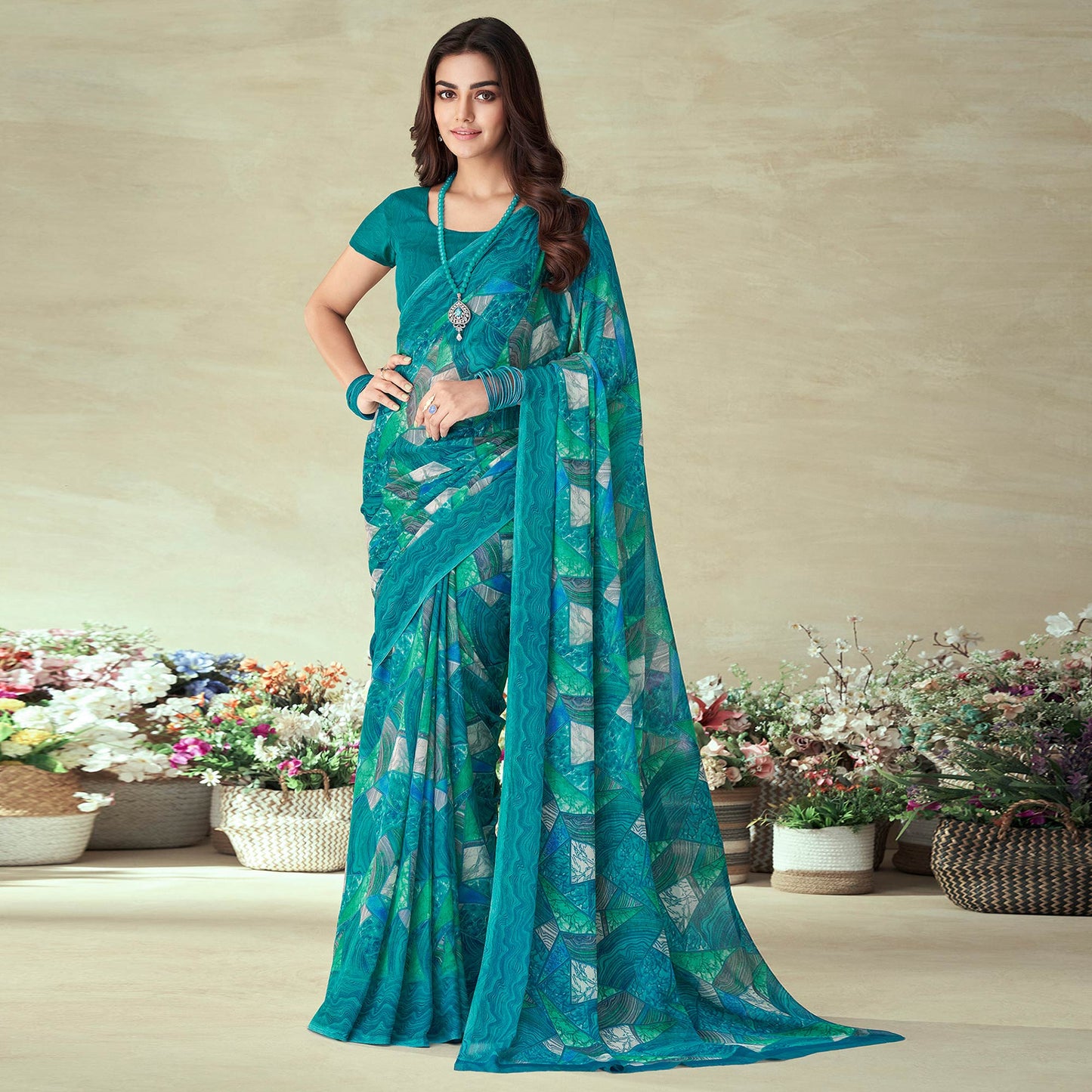 Rama Blue Geometric Printed Chiffon Saree