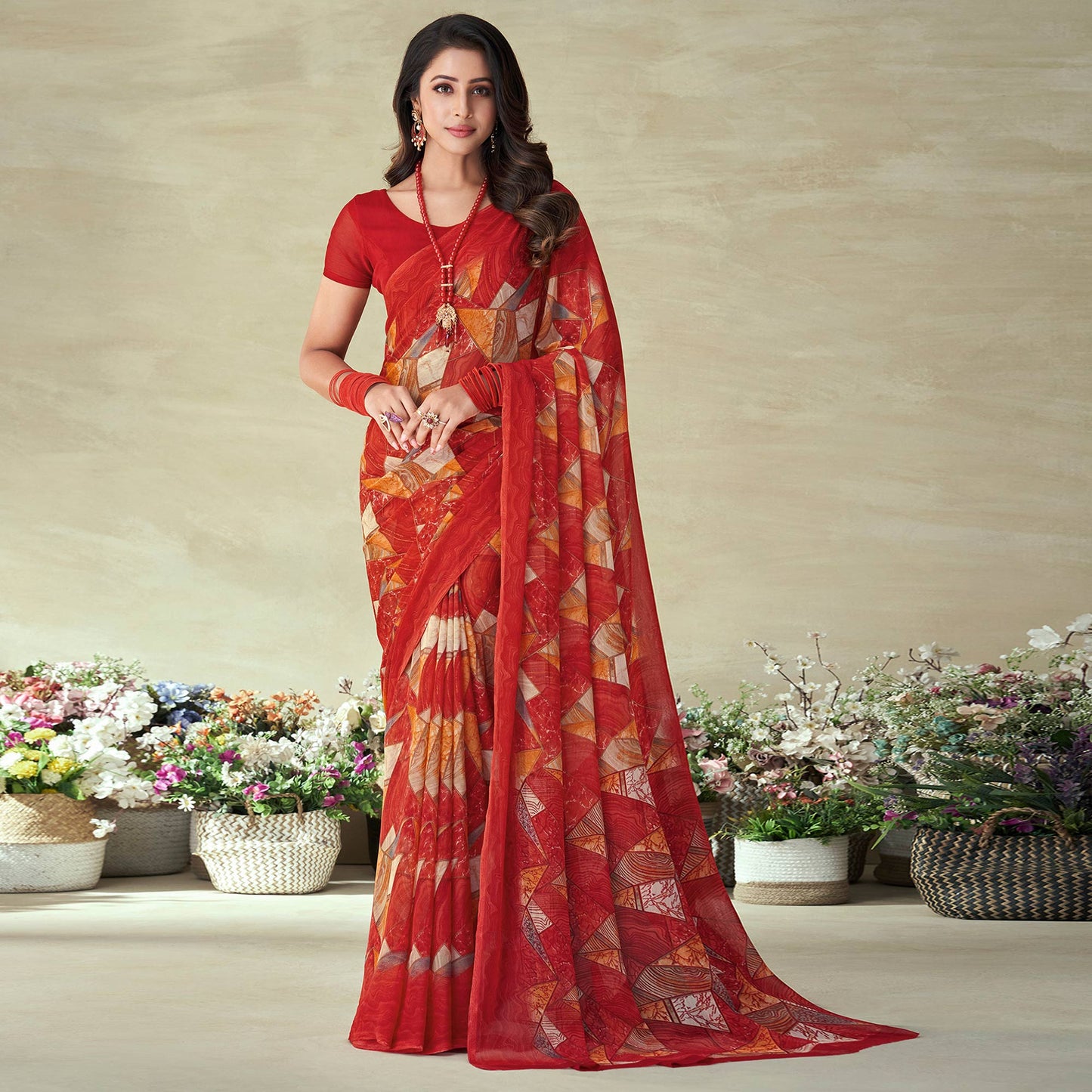 Red Geometric Printed Chiffon Saree