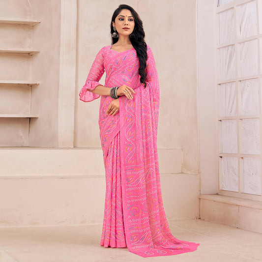 Pink Bandhani Printed Chiffon Saree