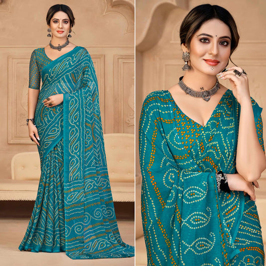 Rama Blue Bandhani Printed Chiffon Saree