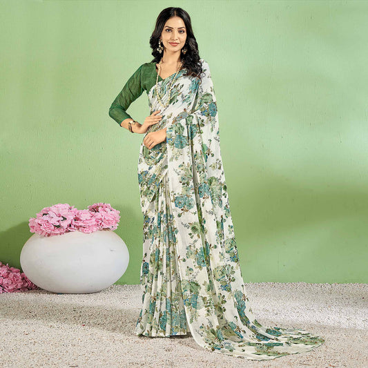 Green Floral Printed Chiffon Saree