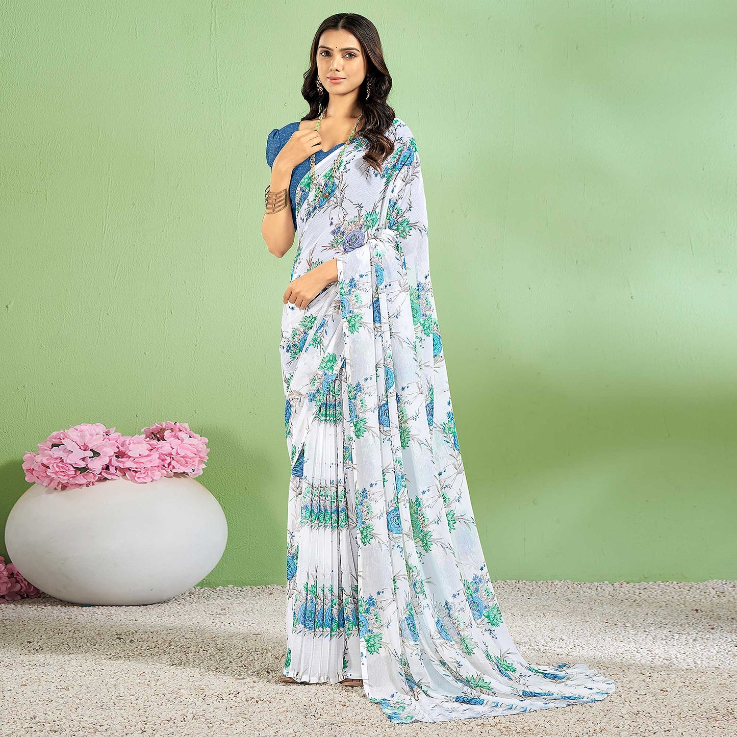 Blue Floral Printed Chiffon Saree