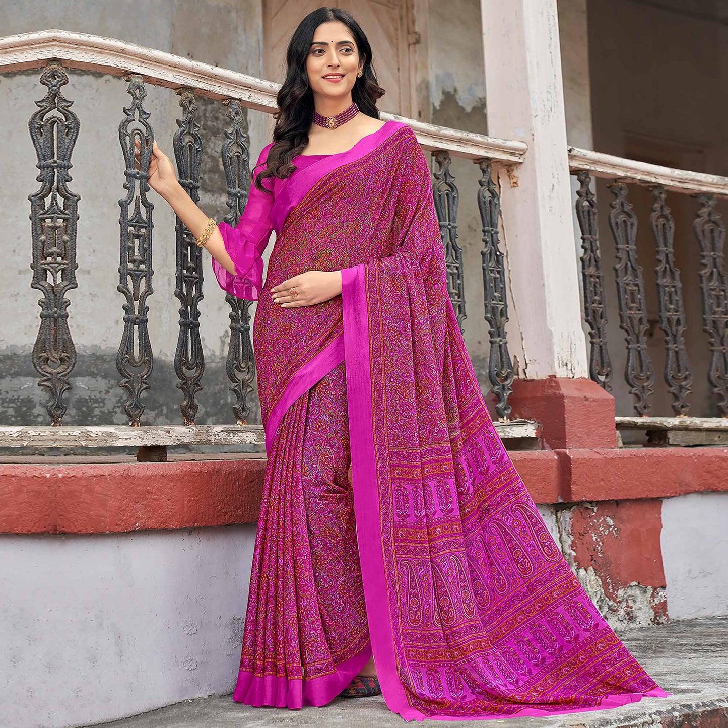 Magenta Floral Printed Chiffon Saree