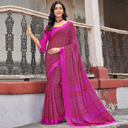 Magenta Floral Printed Chiffon Saree