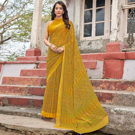 Yellow Floral Printed Chiffon Saree