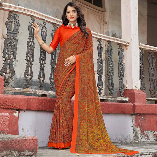 Orange Floral Printed Chiffon Saree