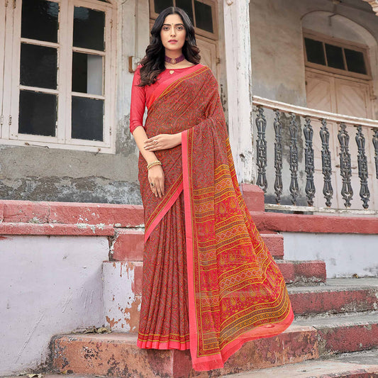 Salmon Pink Floral Printed Chiffon Saree