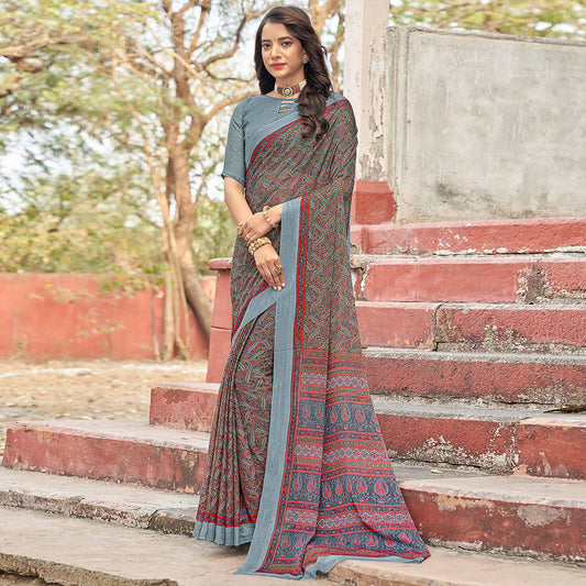 Grey Floral Printed Chiffon Saree