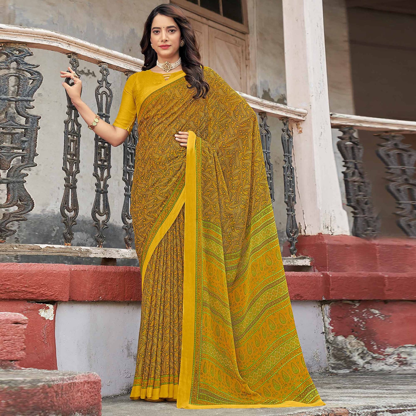 Mustard Floral Printed Chiffon Saree