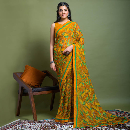 Mustard Geometric Printed Chiffon Saree