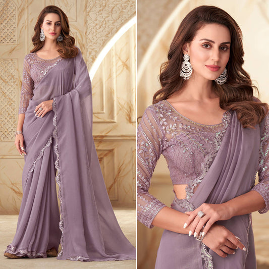 Lavender Sequins Embroidered Georgette Saree