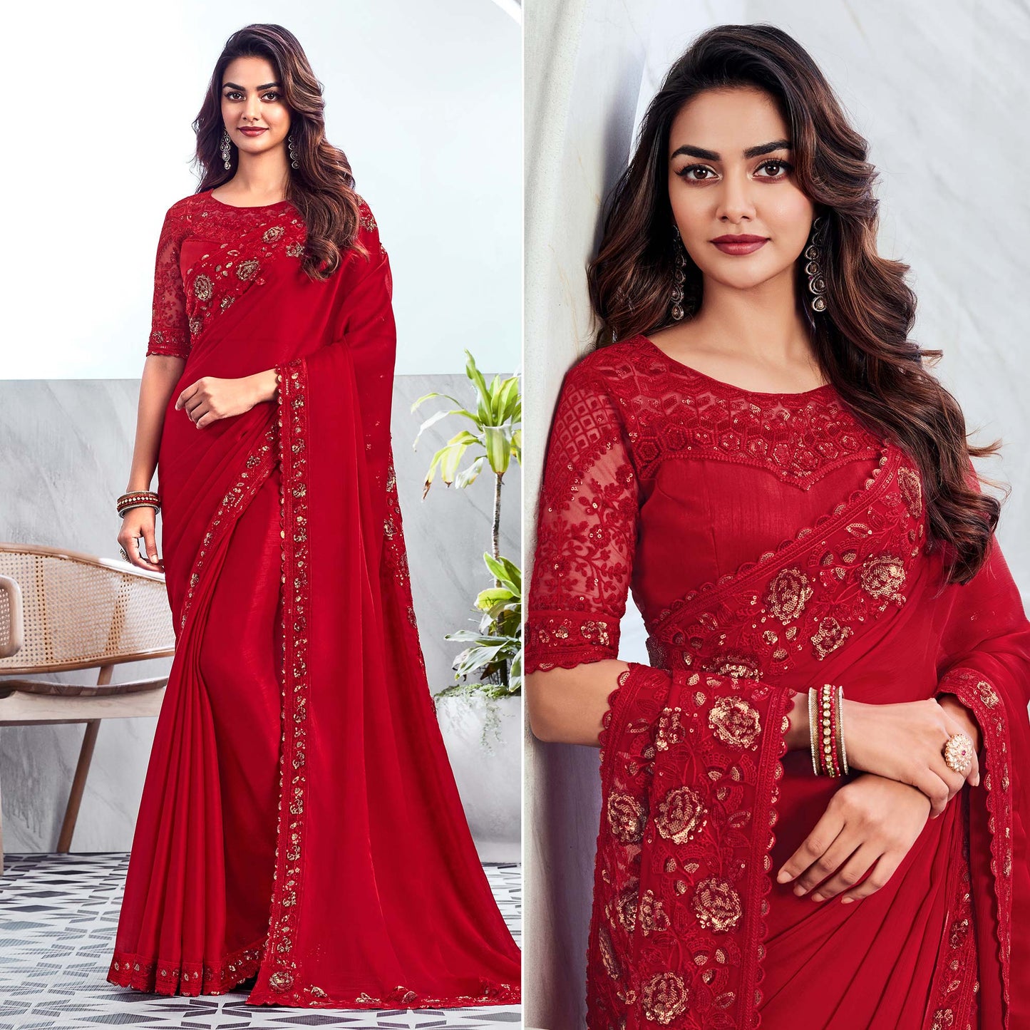 Cherry Red Floral Sequins Embroidered Chiffon Saree