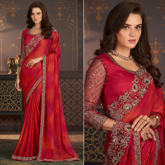 Red Embroidered Chiffon Saree