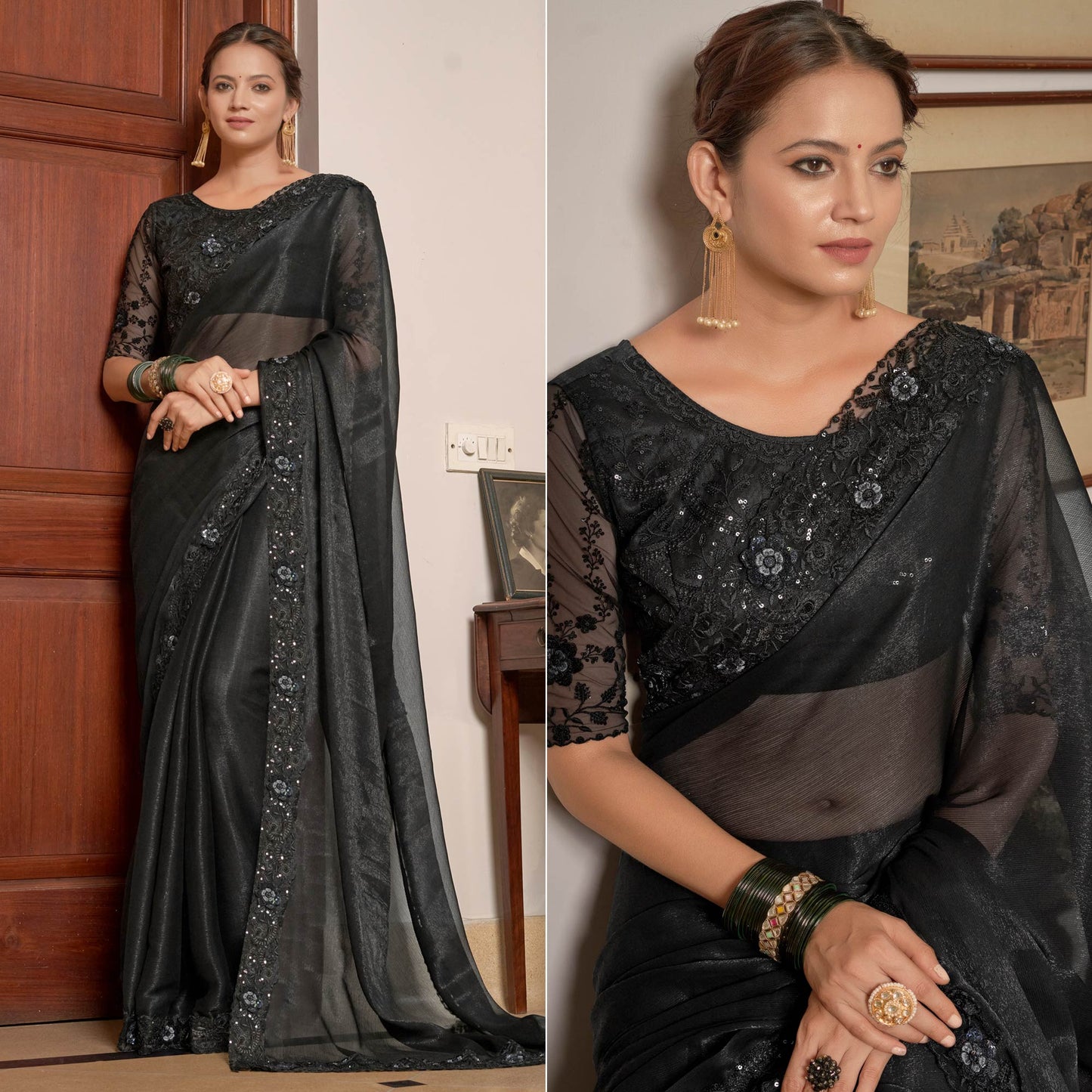 Black Sequins With Embroidered Chiffon Saree