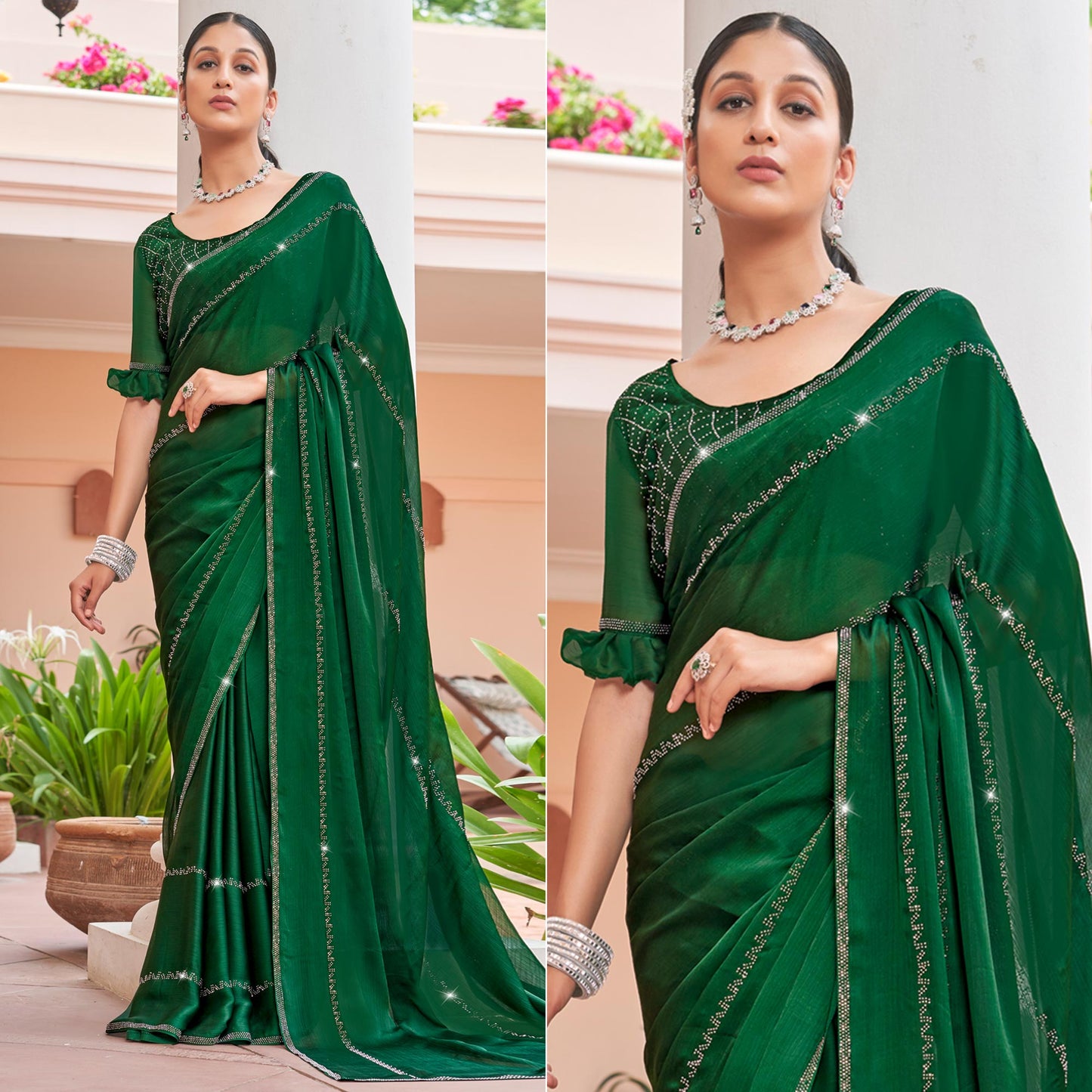 Green Swarovski Work Georgette Saree